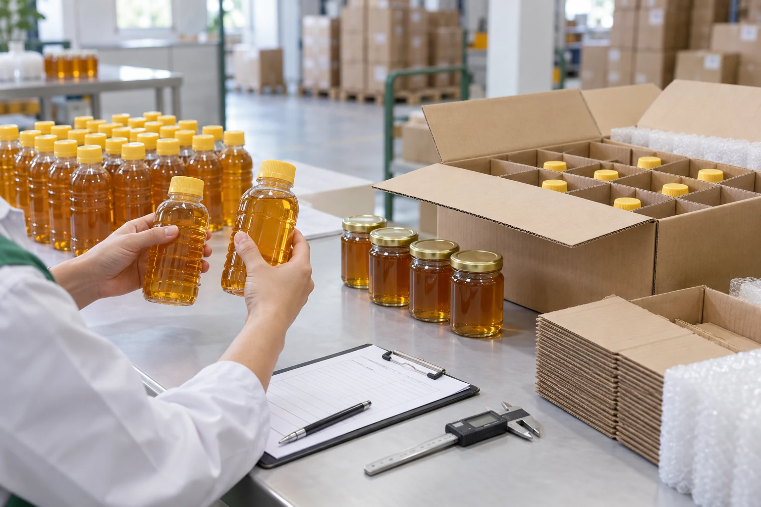 Honey bottle quality inspection with protective export carton dividers