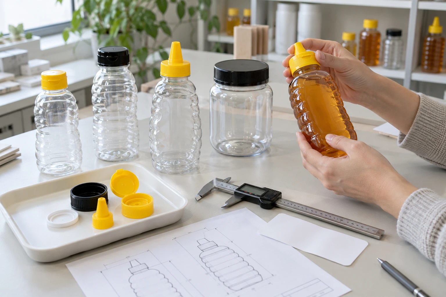 Honey packaging sample fit test with PET bottles, jar closures and dimensional drawing