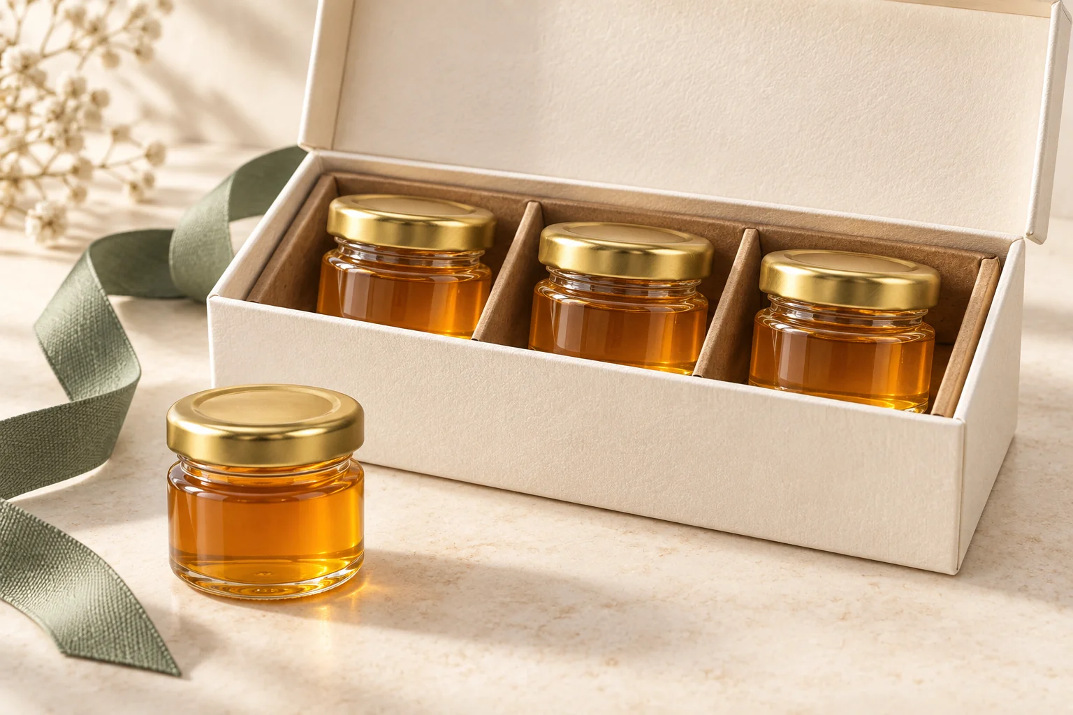Mini glass honey jars arranged with matching lids and gift-pack components.